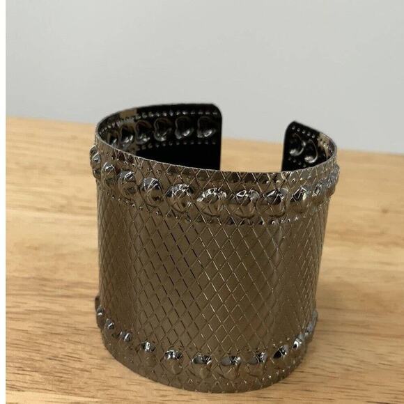 Silvertone Studded Textured Cuff Dark Metal Brass Fashion Jewelry Bracelet - Picture 3 of 10
